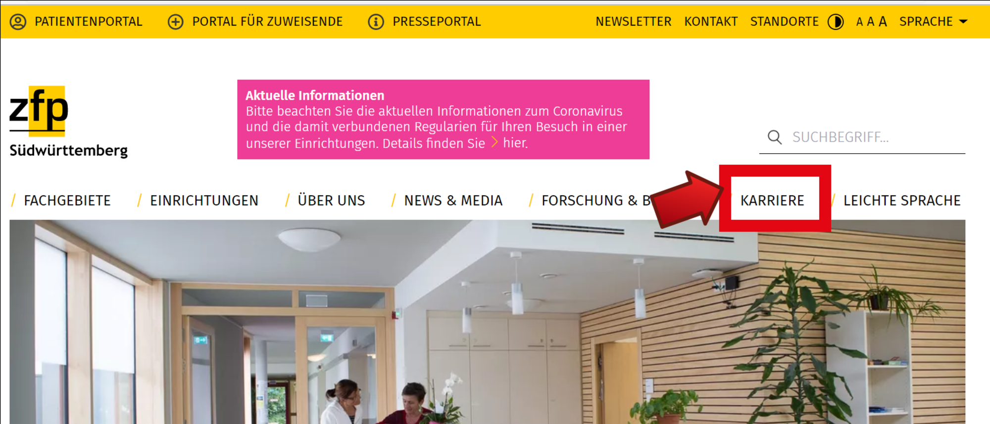 Haupt-Bereich Karriere Startseite, auf der die Rubrik Karriere markiert ist.