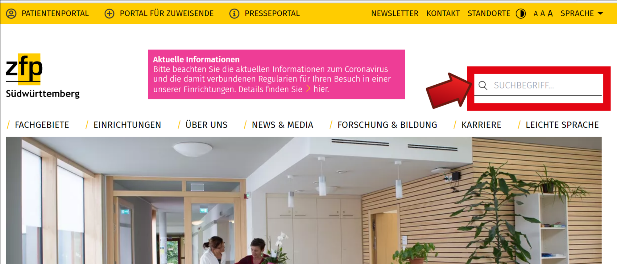 Suche Startseite, auf der das Suchfeld rechts oben markiert ist.