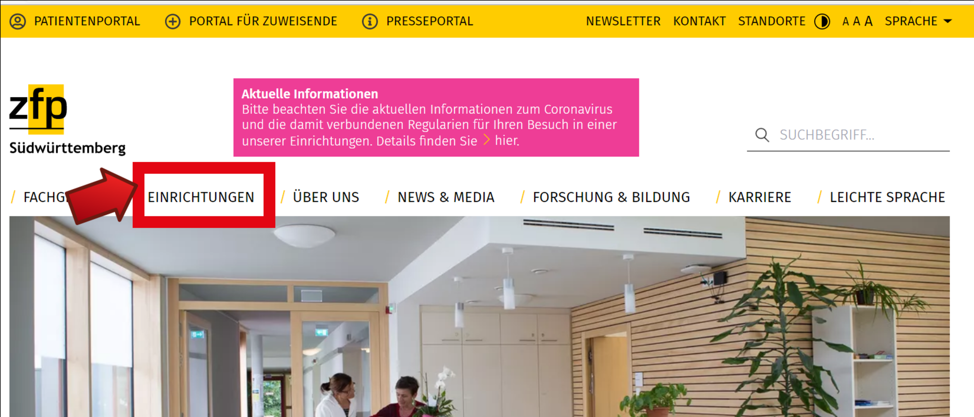 Haupt-Bereich Einrichtungen Startseite, auf der die Rubrik Einrichtungen markiert ist.