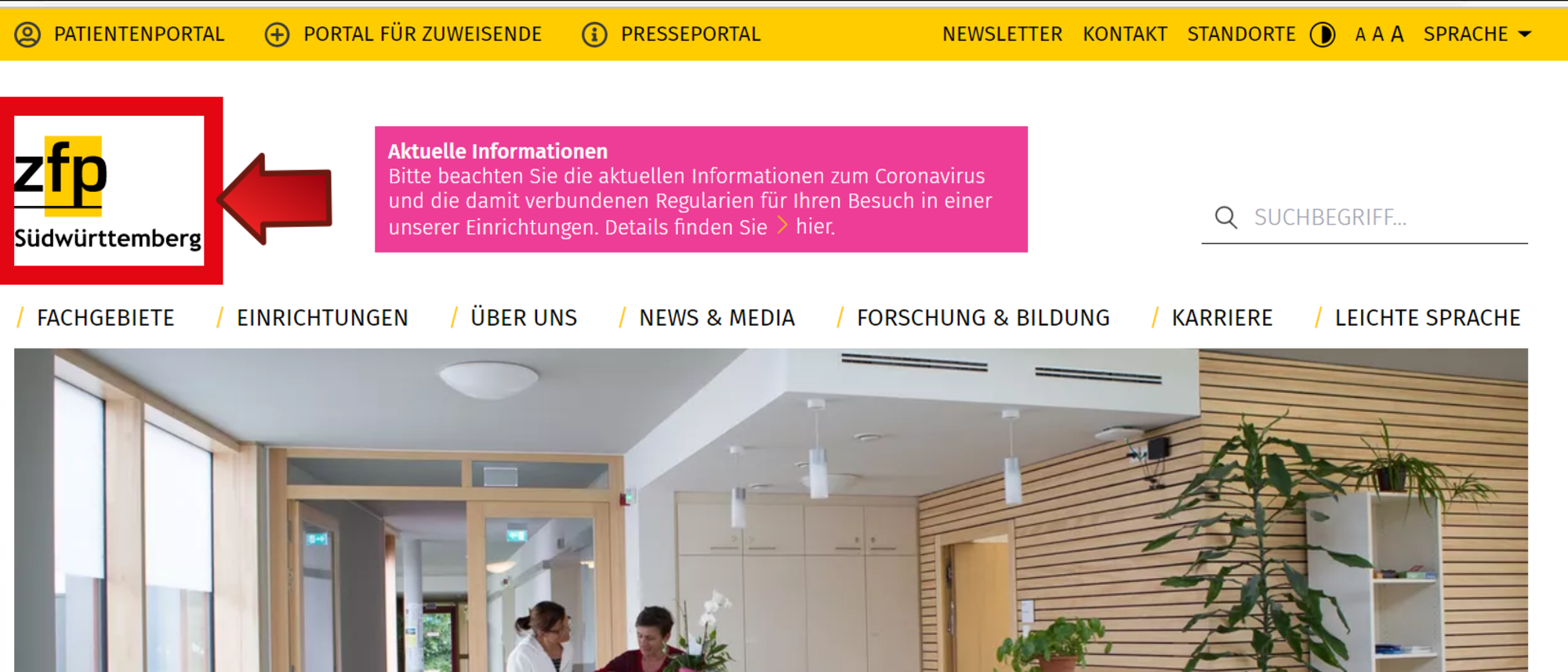 Zurück zur Startseite Startseite, auf der oben links das Logo markiert ist.