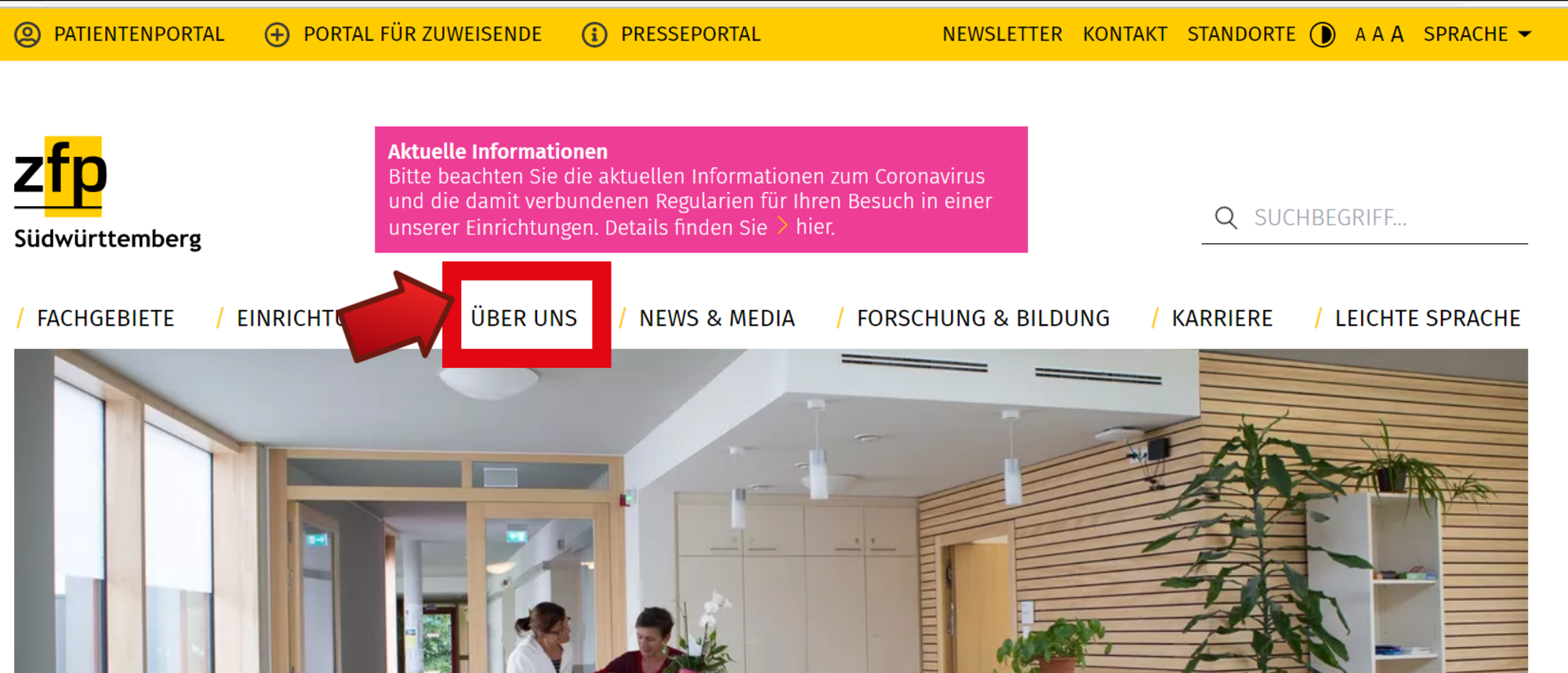Haupt-Bereich Über uns Startseite, auf der die Rubrik Über uns markiert ist.