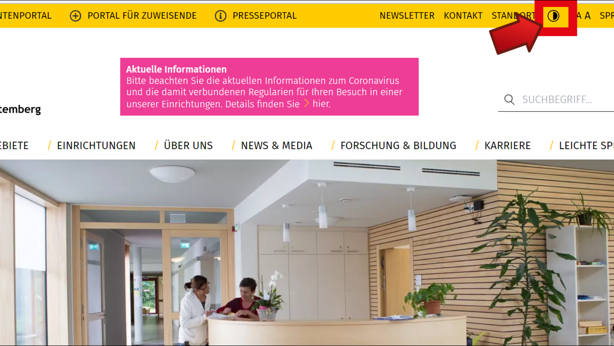 Kontrast Headerbild der Webseite mit einer Markierung für das Kontrast Element