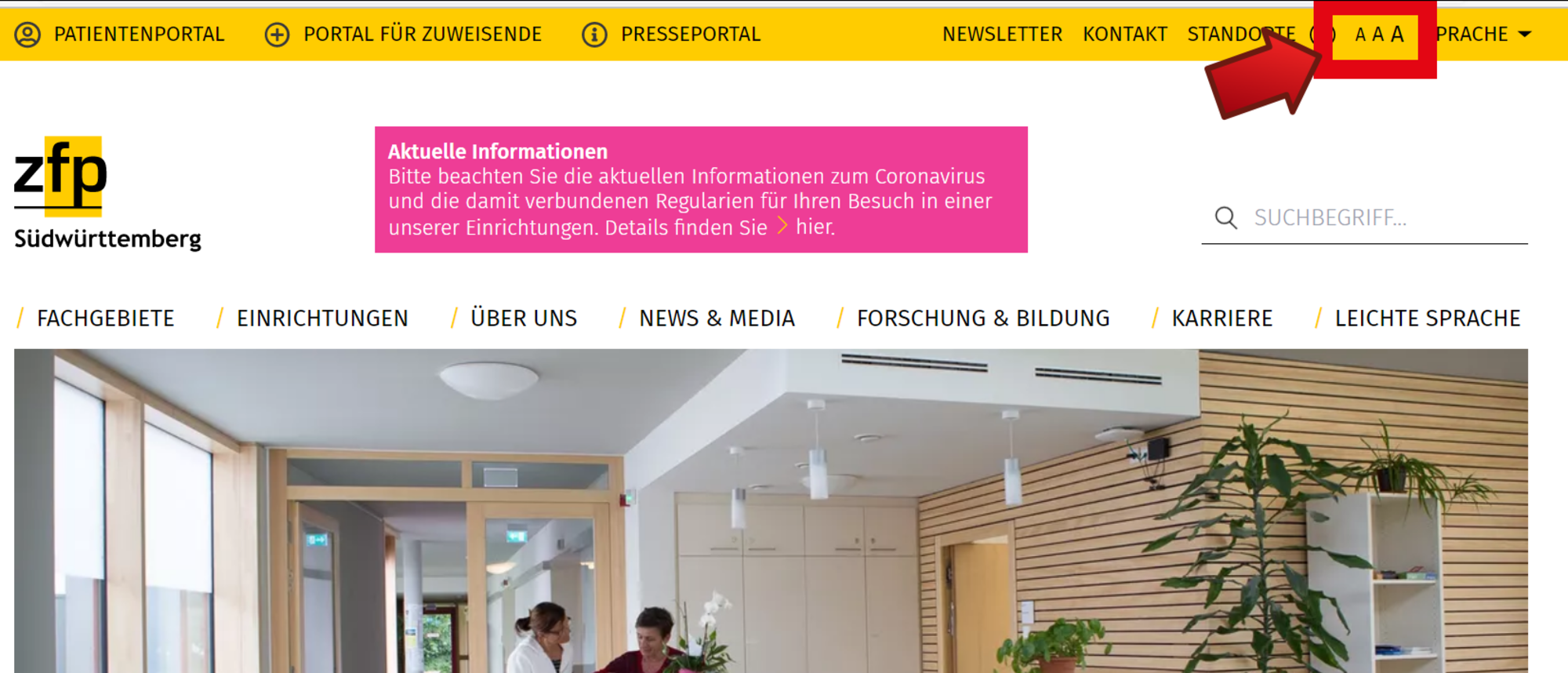 Schriftgröße ändern Bild der Startseite auf der die drei unterschiedlich großen Buchstaben rechts oben markiert sind.