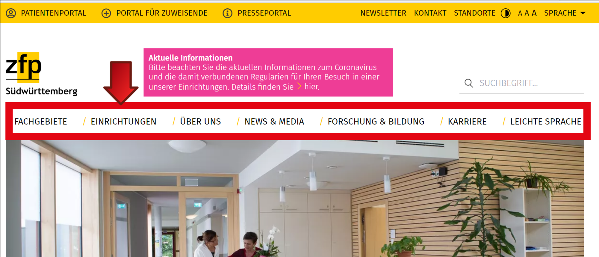 Unter dem Logo finden Sie die Haupt-Bereiche Startseite, auf der die Hauptbereiche markiert sind.