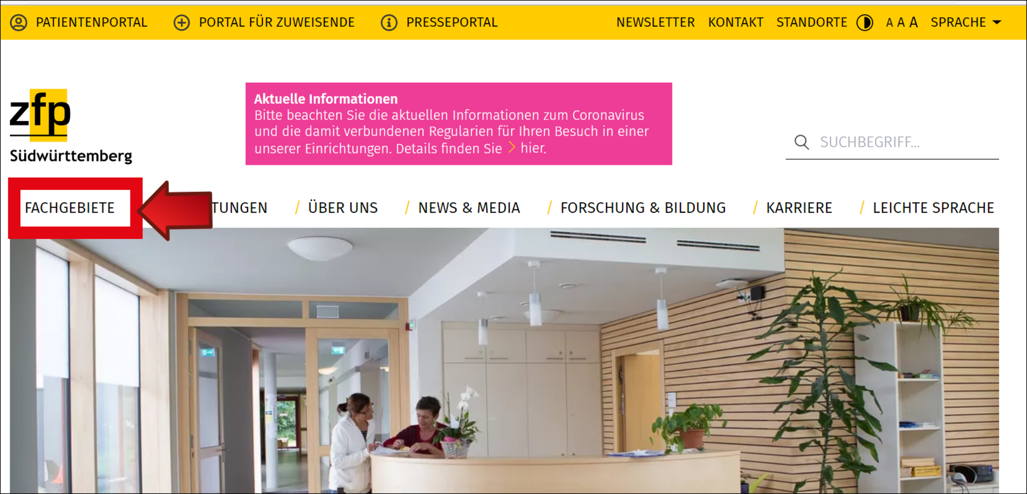 Haupt-Bereich Fachgebiete Startseite, auf der die Rubrik Fachgebiete markiert ist.