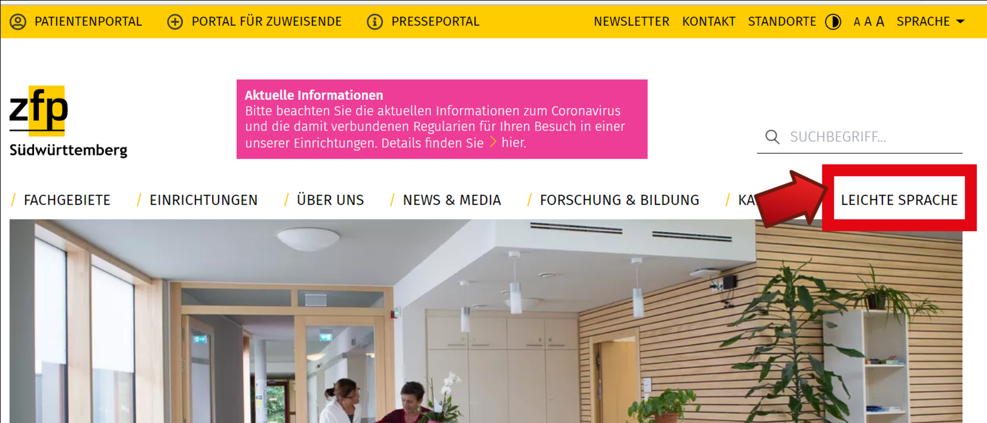 Haupt-Bereich Leichte Sprache Startseite, auf der die Rubrik Leichte Sprache markiert ist,.