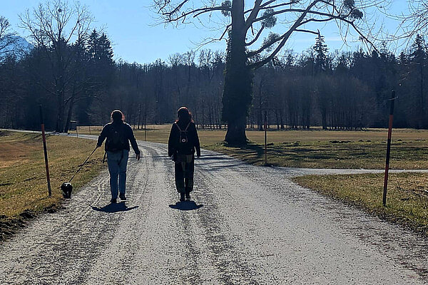 Bei blauem Himmel laufen auf einem Kiesweg zwischen zwei Wiesen zwei Personen nebeneinander. Sie sind von hinten zu sehen, die linke Person hält einen kleinen Hund an der Leine. Am Horizont ist ein Wald.
