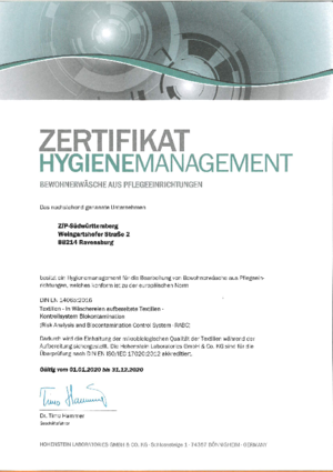 Zertifikat Hygienemanagement Bewohnerwäsche aus Pflegeeinrichtungen